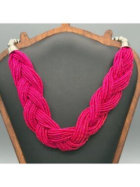 Braided Hot Pink Seed Bead Silver Tone Collar Bib Necklace Spring